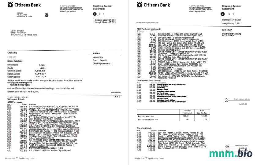 USA Citizens Bank statement szablon Worda i PDF, 2 stronas